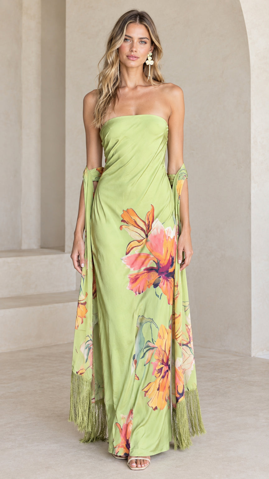 Lime green strapless floral maxi dress front view with matching fringe shawl