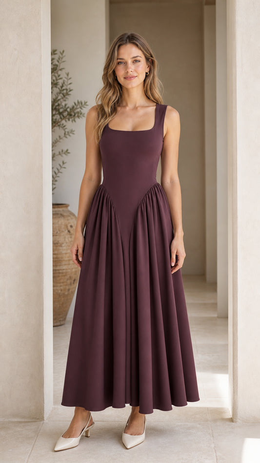 Front full view of woman wearing burgundy square neck maxi dress