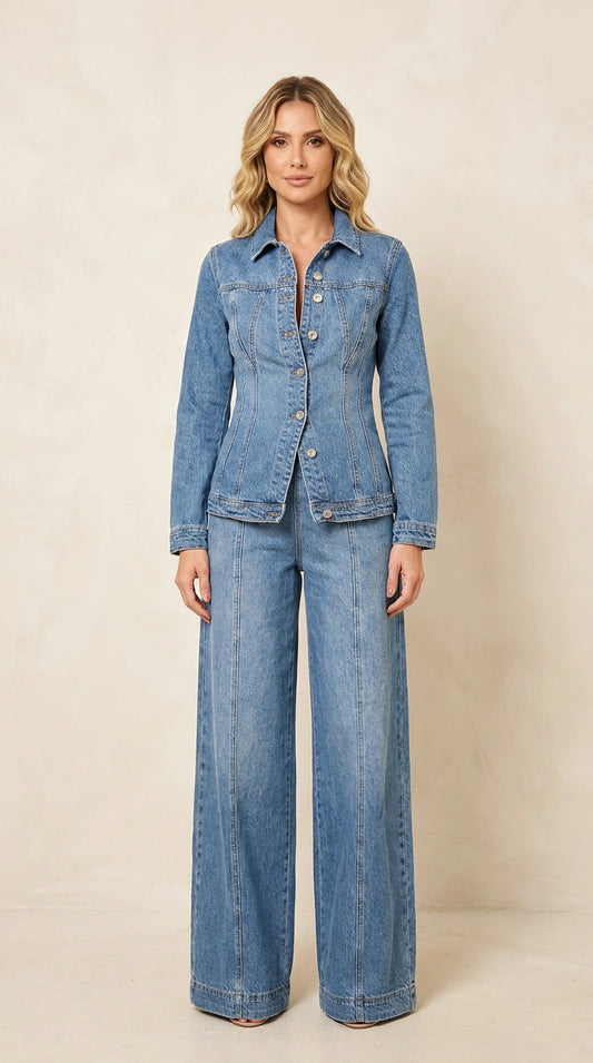 Front view of a woman wearing a medium wash blue denim-style jacket and matching wide-leg pants set