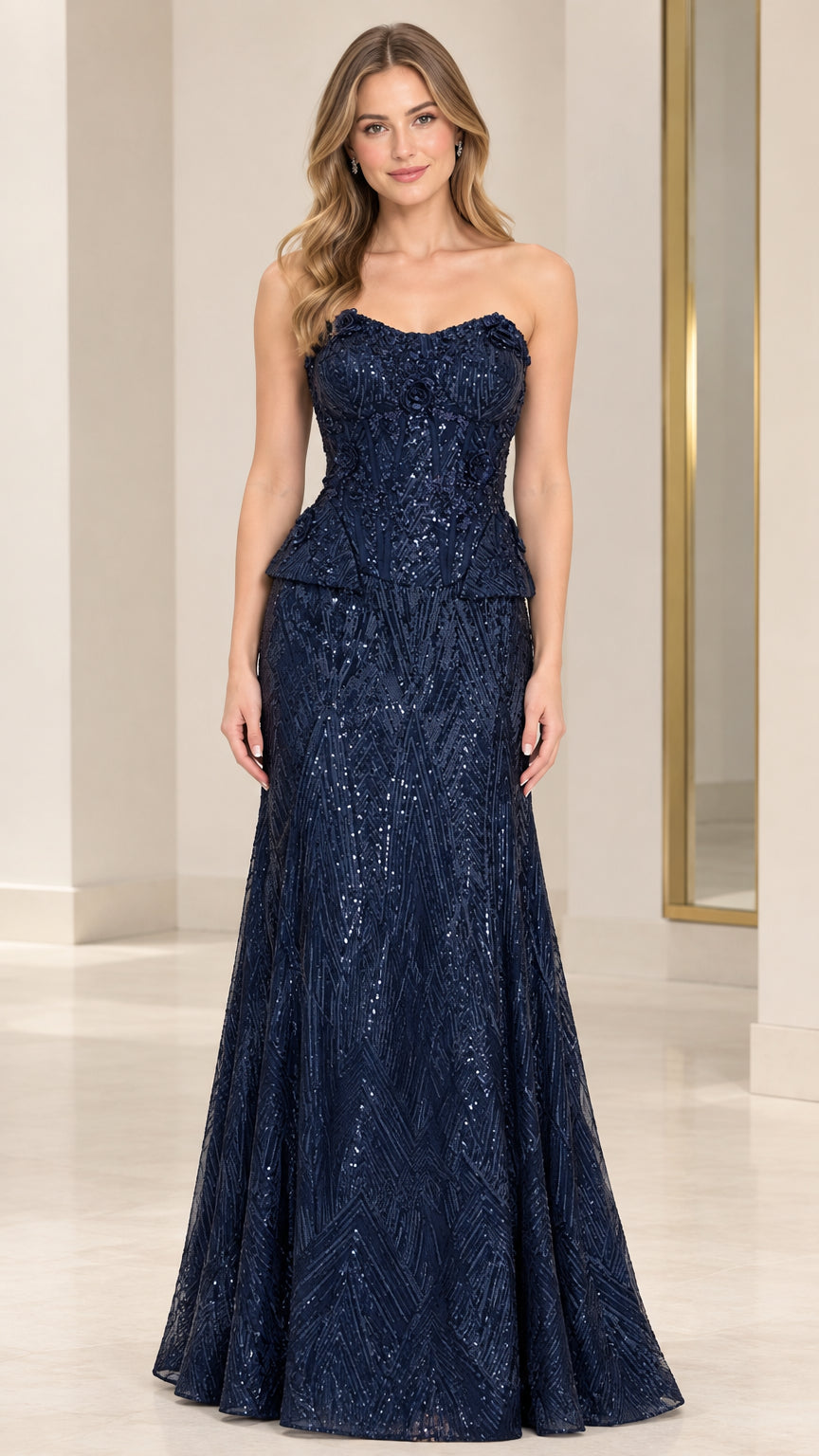 Navy Blue strapless floral sequin peplum mermaid evening gown front view