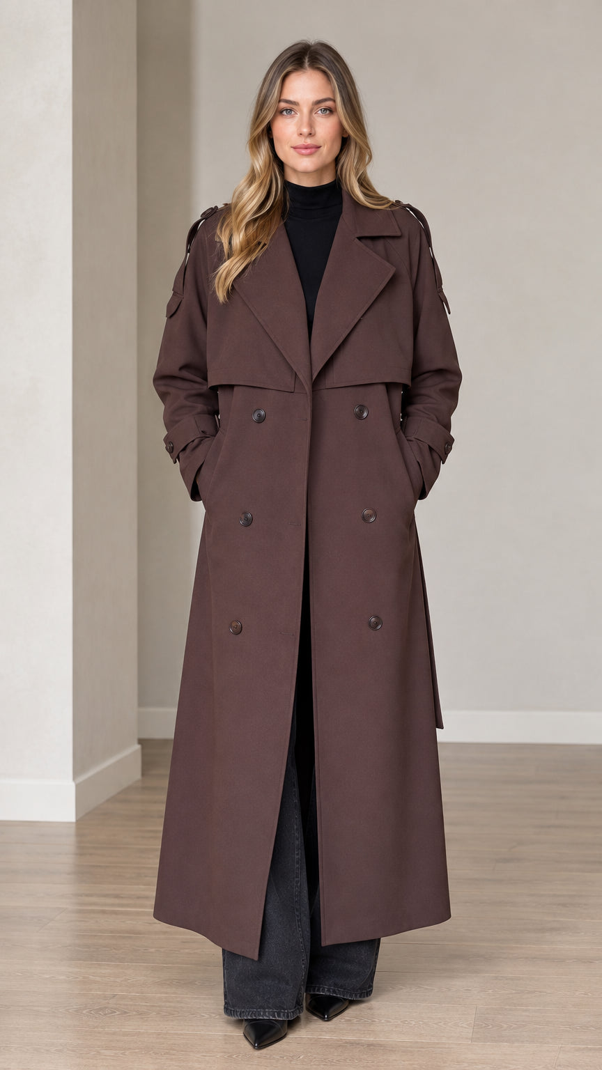 Front view of woman wearing brown double-breasted long trench coat with belt
