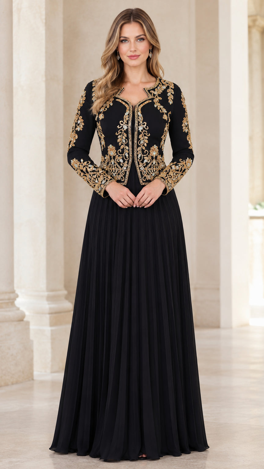 Front view of black embroidered long sleeve jacket and pleated evening maxi dress