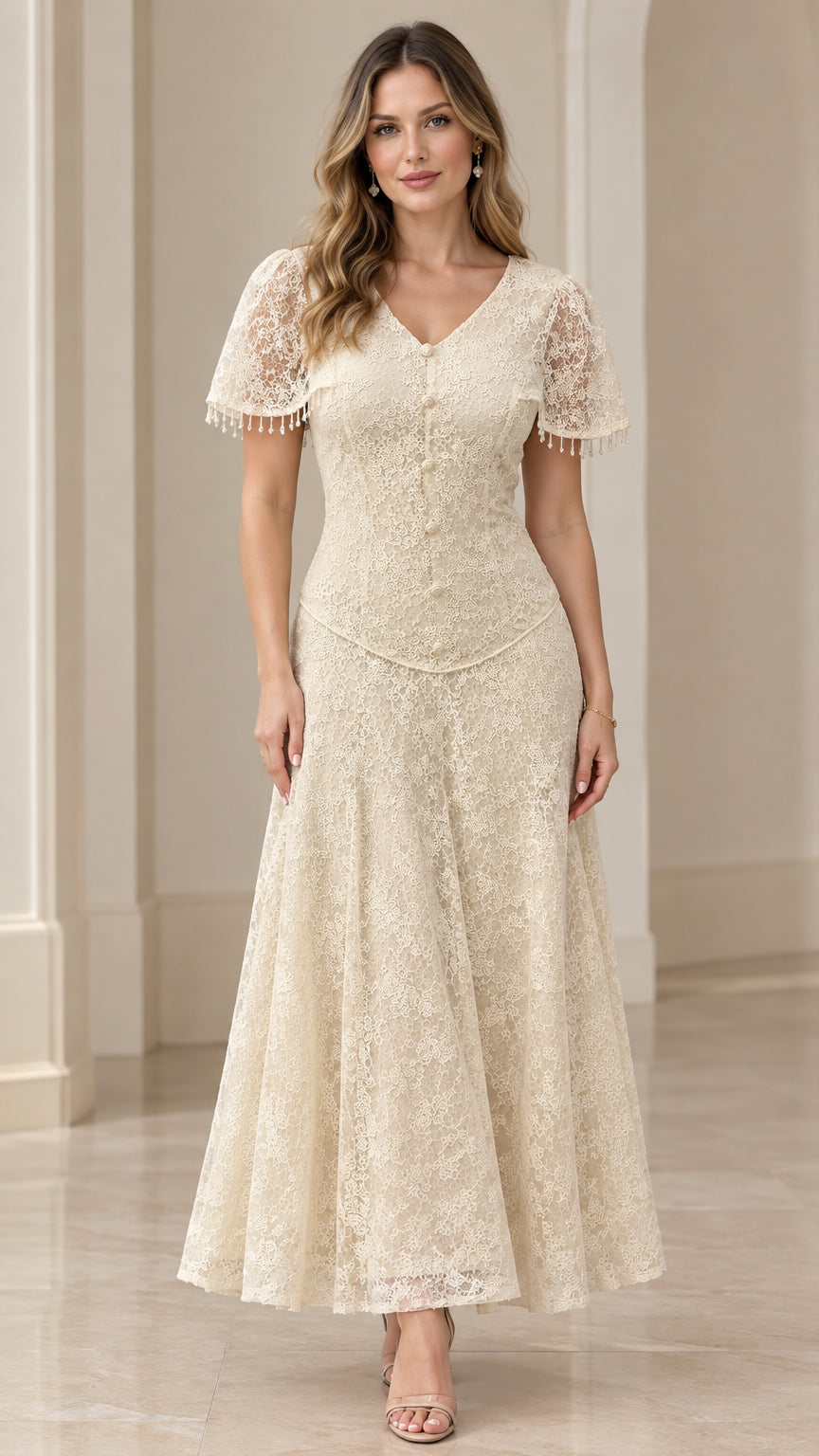 Front view of woman wearing champagne floral lace V-neck maxi dress with beaded flutter sleeves