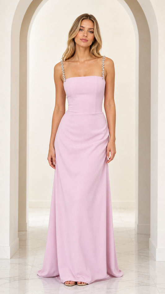 Front full view of lavender square neck maxi gown with rhinestone straps