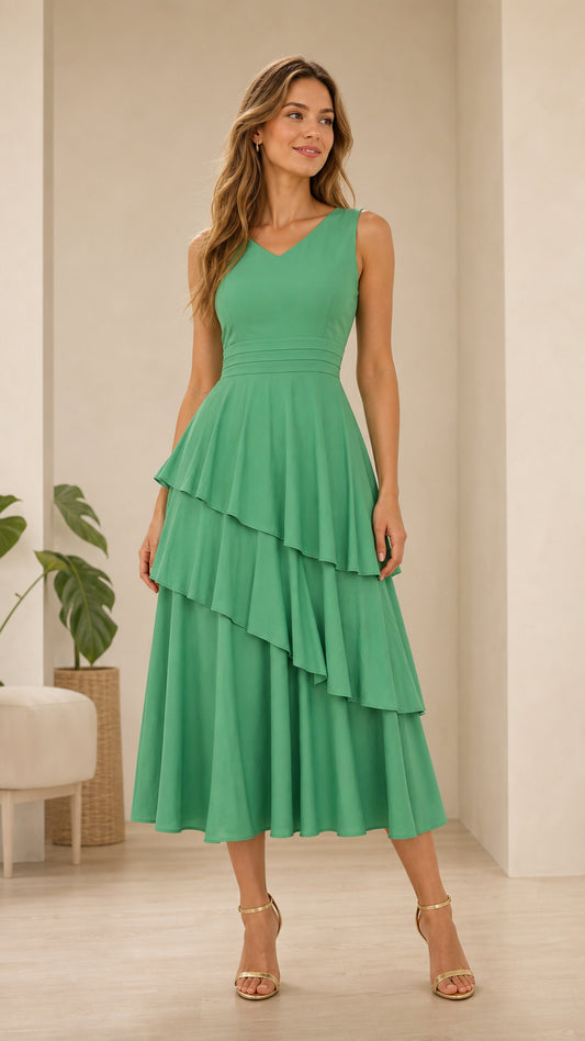 Elegance Tiered V-Neck Midi Dress in Green front view