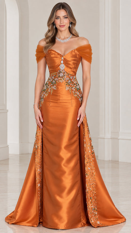 Front view of rust orange off-the-shoulder satin evening gown with embellished waist