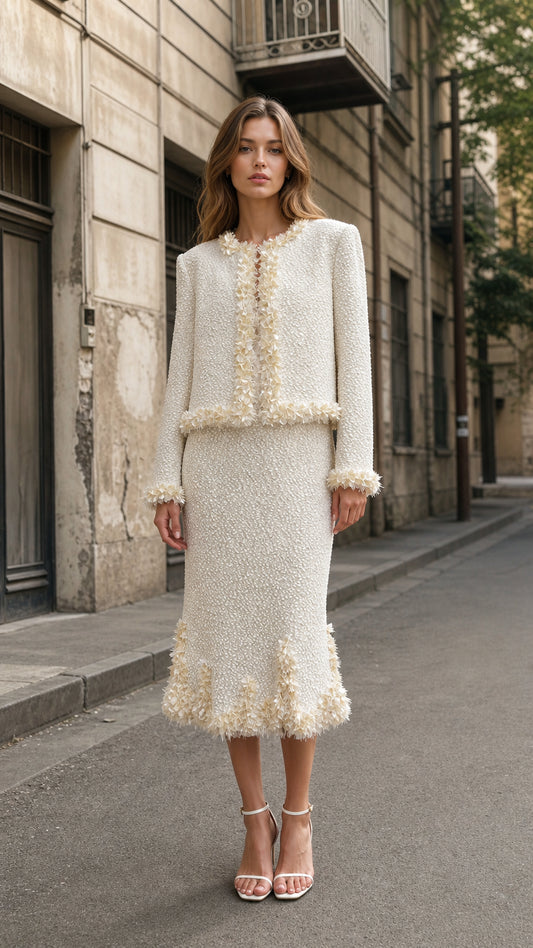 Front view of cream tweed crop jacket and midi skirt set