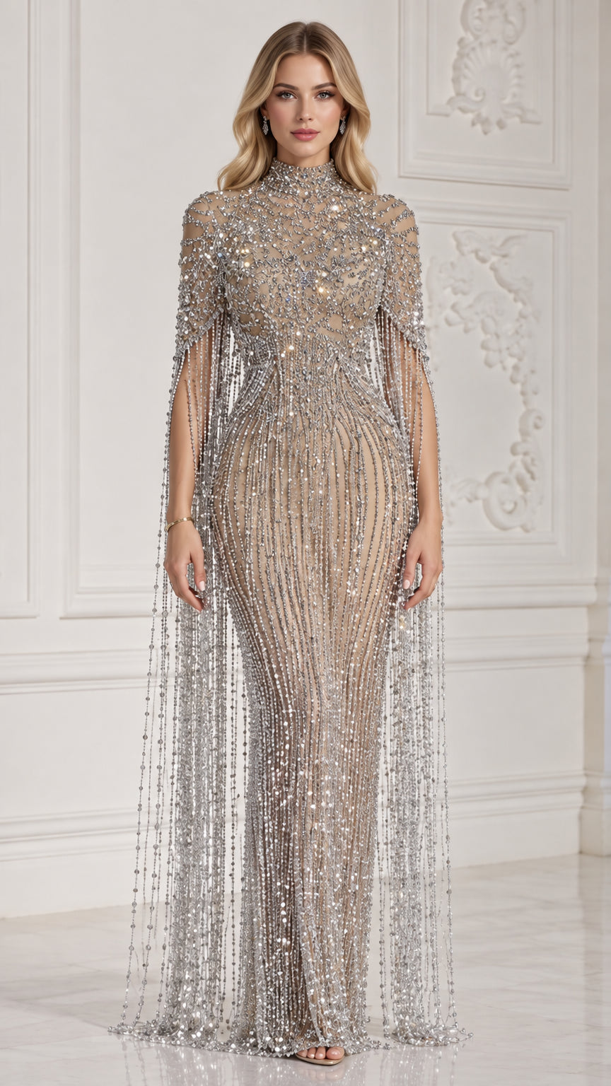Front view of Champagne Silver high neck beaded evening gown with long fringe cape sleeves on model