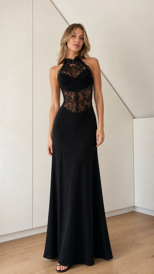 Front view of black halter neck lace corset formal maxi dress