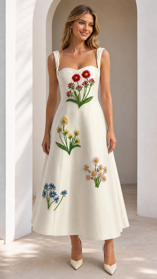 Front view of model wearing white embroidered floral midi dress