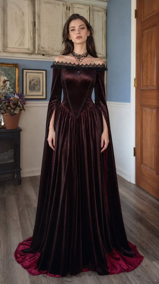 Front view of burgundy gothic off-the-shoulder velvet maxi dress