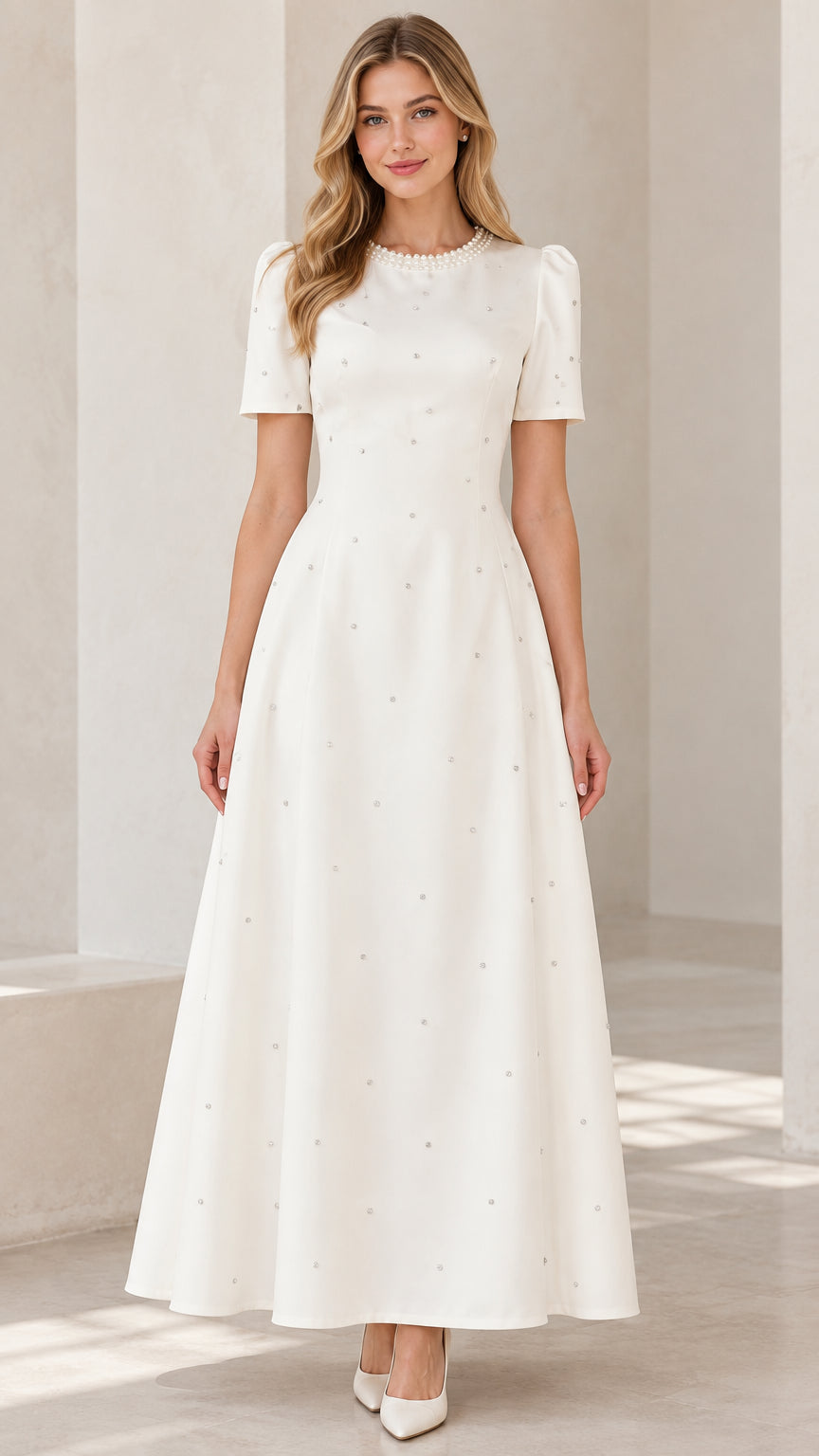 Front view of model wearing ivory pearl-embellished short sleeve A-line maxi dress
