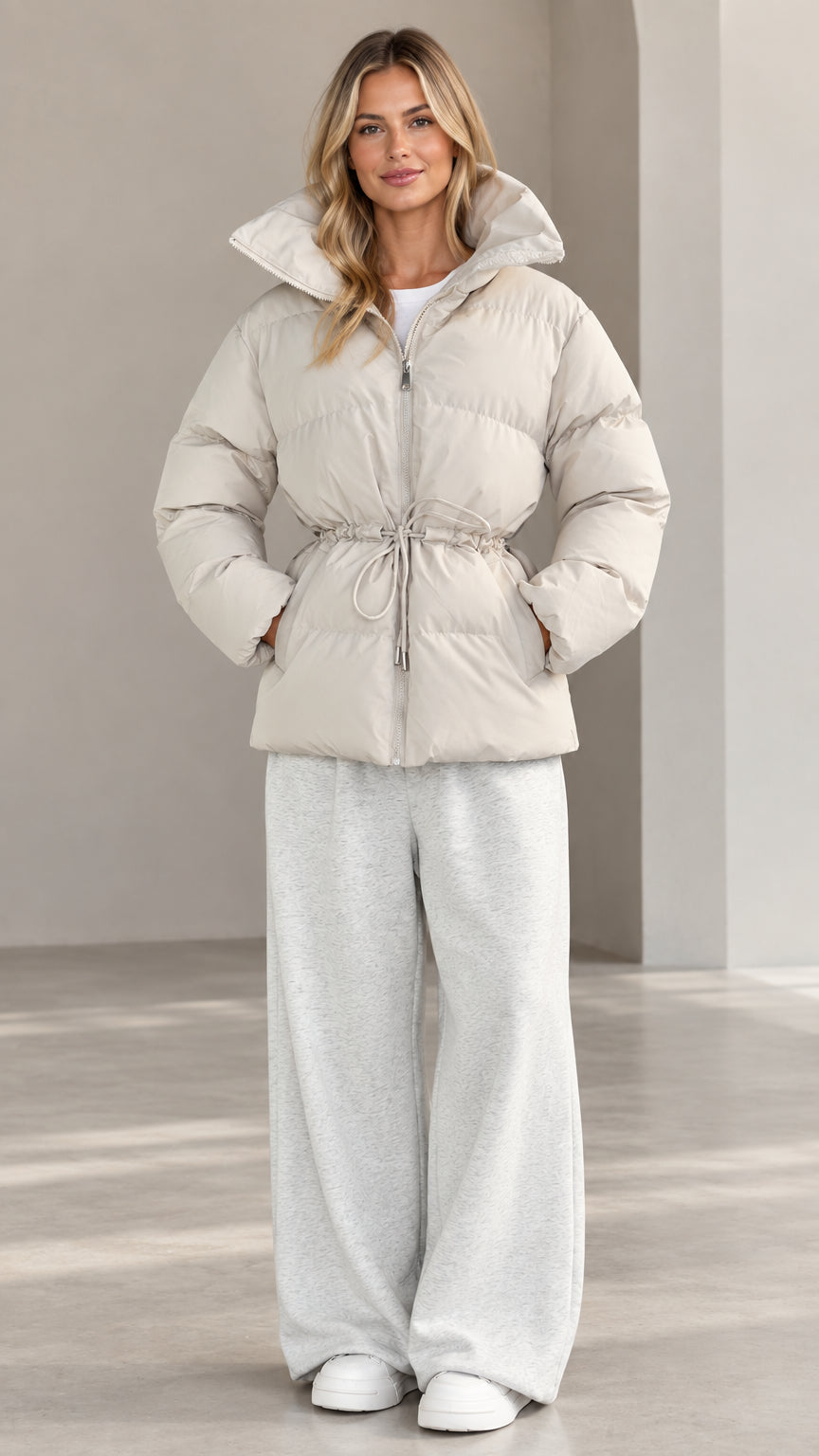 Front view of woman wearing off-white hooded drawstring waist puffer jacket