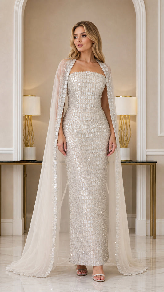 Front view of model wearing Champagne strapless embellished column gown with sheer cape