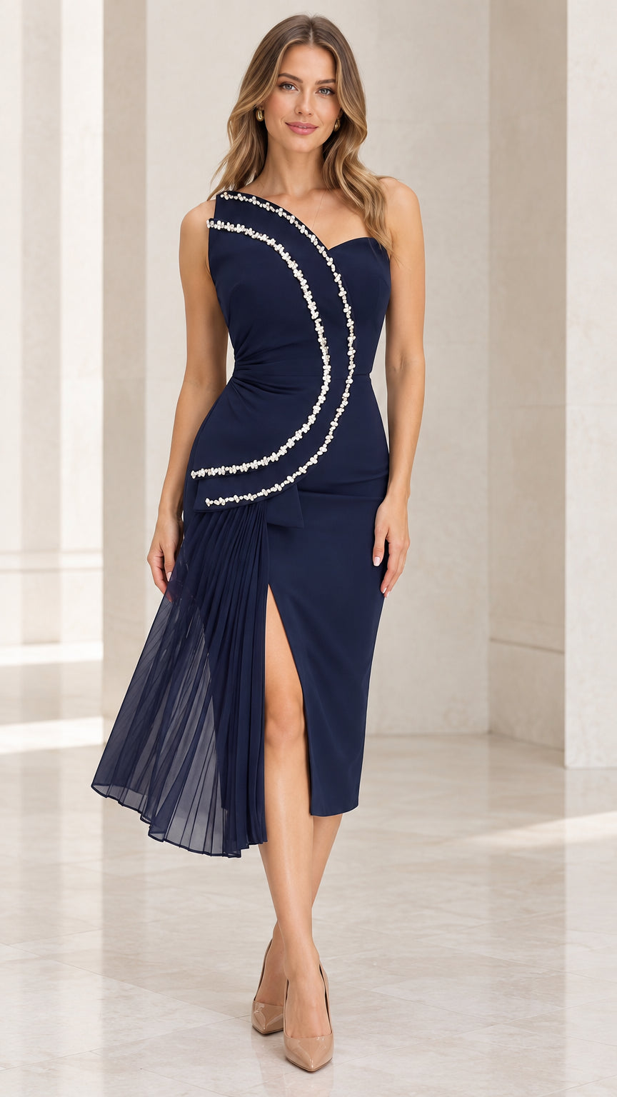 Front view of woman wearing navy blue one-shoulder beaded pleated midi dress