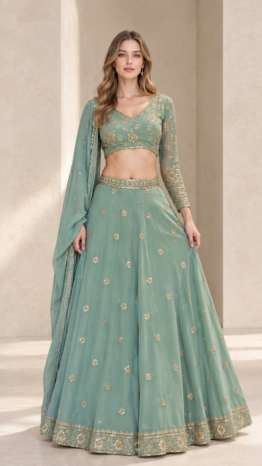 Front full view of woman wearing sage green embroidered lehenga choli set with dupatta