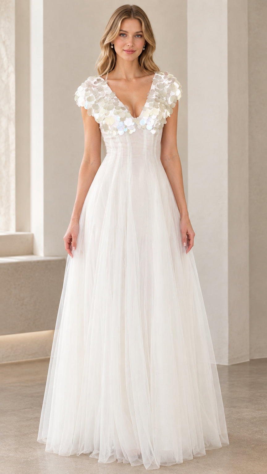 Front view of model wearing white sequin cap sleeve tulle evening gown