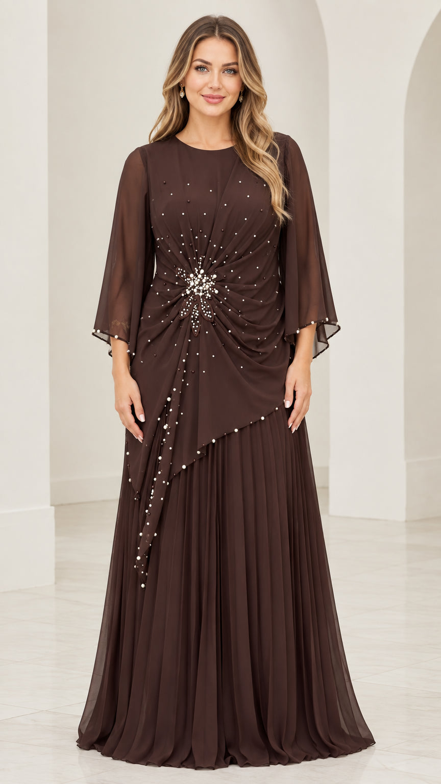 Front view of woman wearing elegant dark brown beaded chiffon pleated maxi evening dress