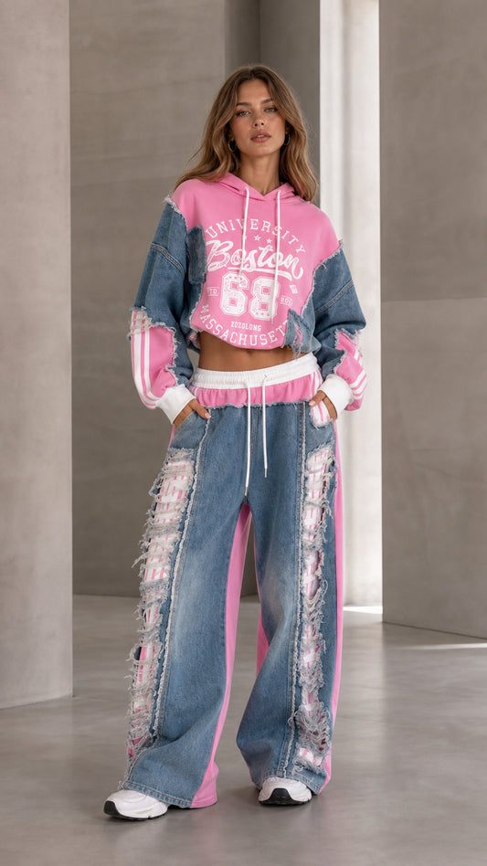 Front full view of pink denim patchwork cropped hoodie and wide leg sweatpants set