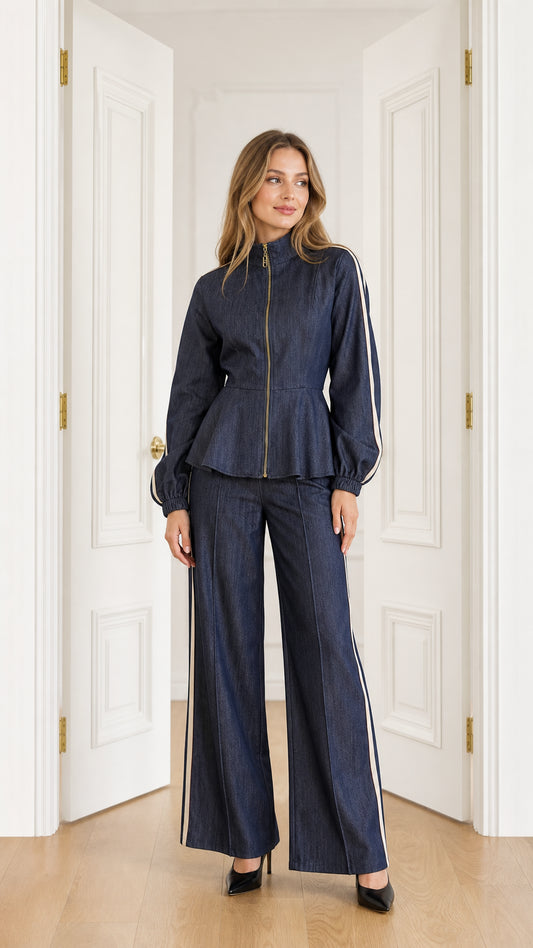 Front full-length view of model wearing Navy Blue peplum zip jacket and matching wide-leg trousers with side stripes