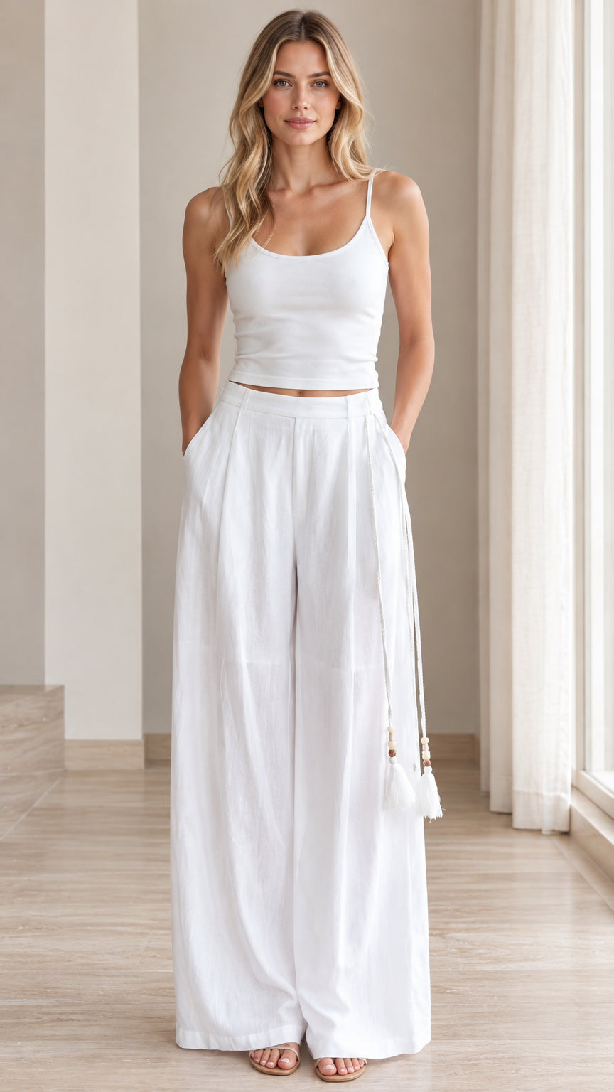 Full front view of model wearing white two-piece crop cami and wide leg pants set