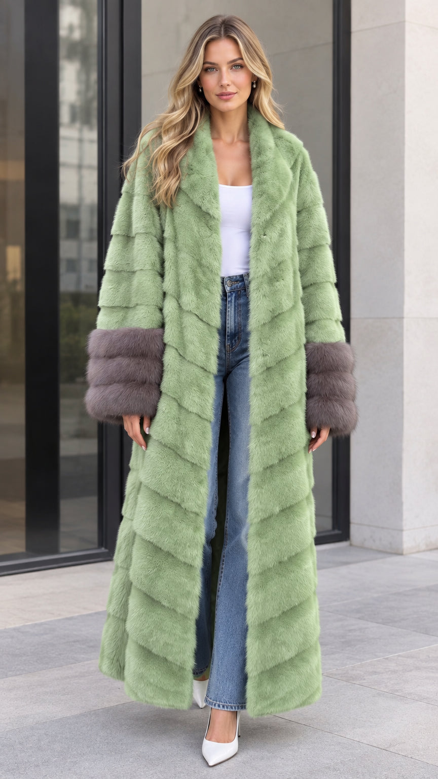 Full front view of women's sage green maxi chevron faux fur coat with contrast grey cuffs