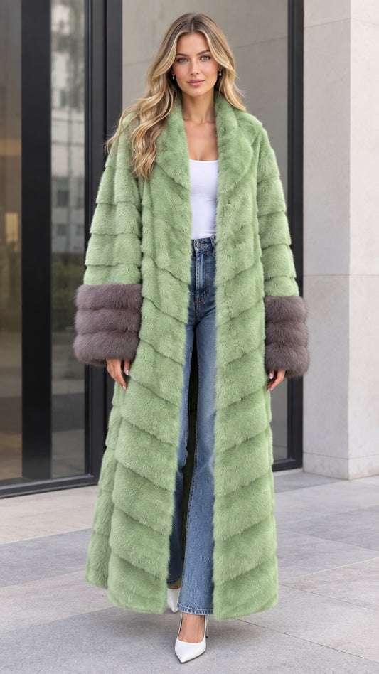 Full front view of women's sage green maxi chevron faux fur coat with contrast grey cuffs