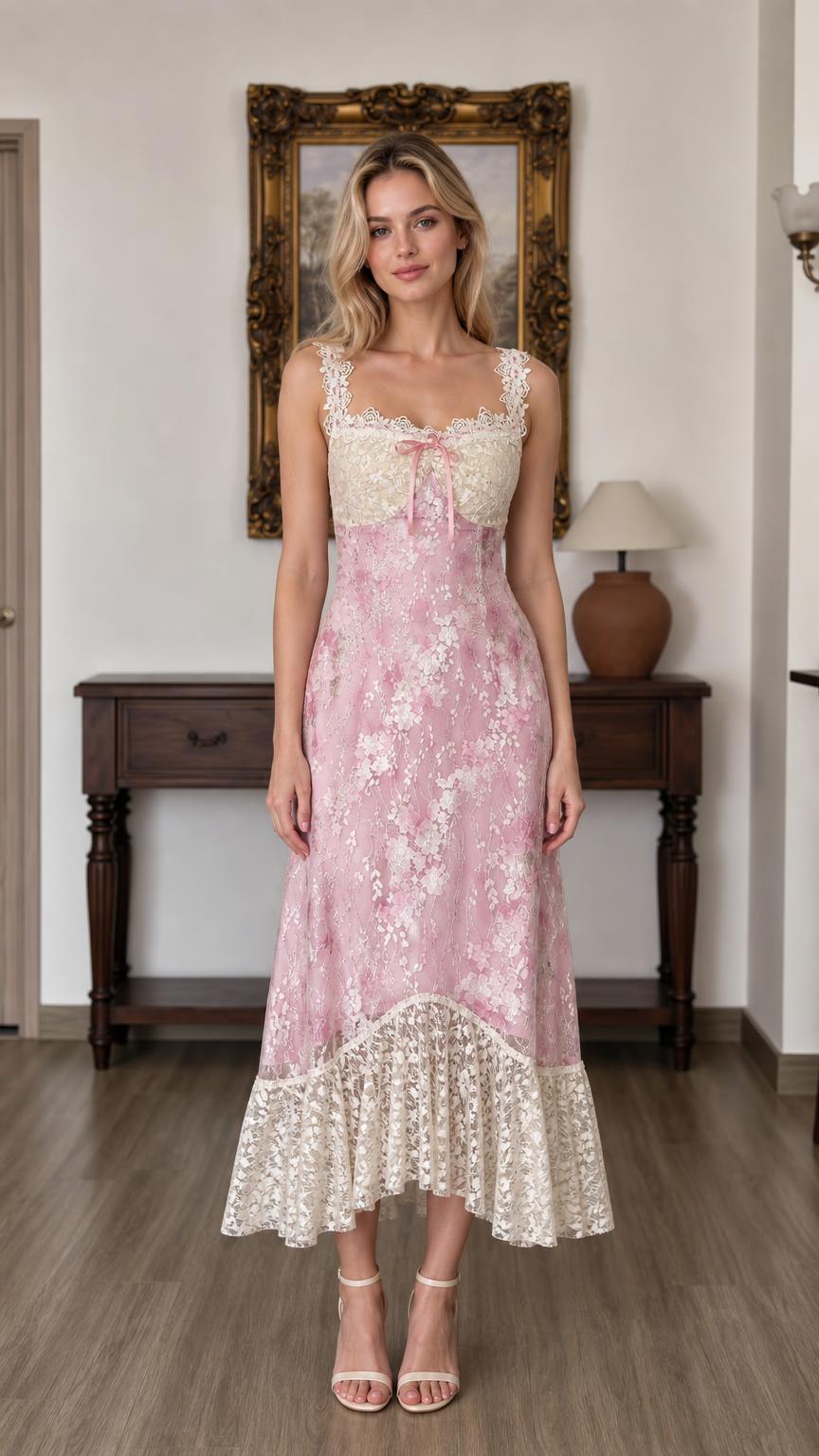 Front view of pink floral lace midi dress