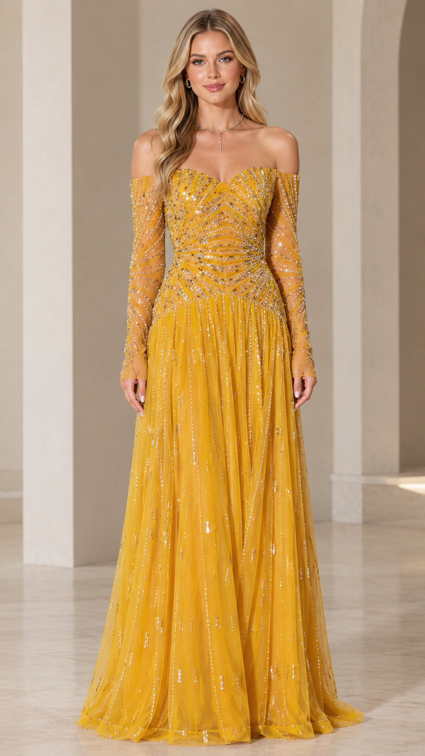 Front full view of mustard yellow off-the-shoulder sequin long sleeve evening gown