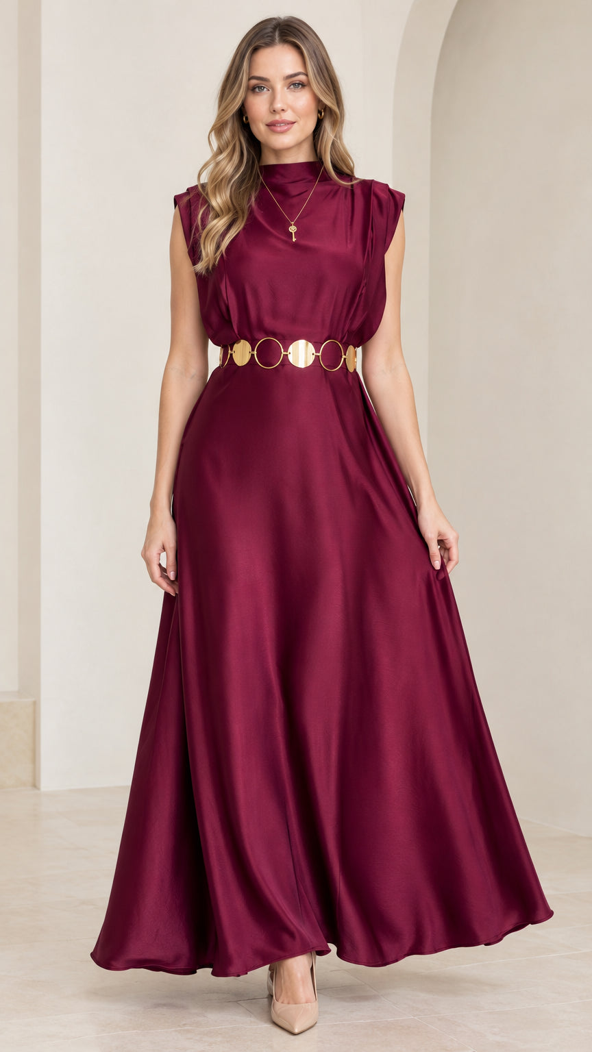 Front view of model wearing burgundy mock neck satin maxi dress with gold belt