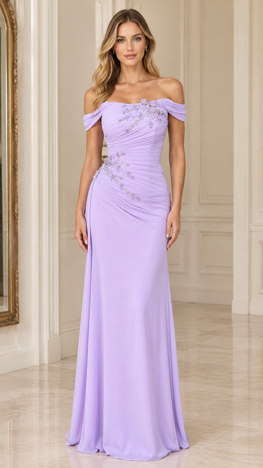 Front view of woman wearing a lavender off-the-shoulder beaded ruched formal evening gown