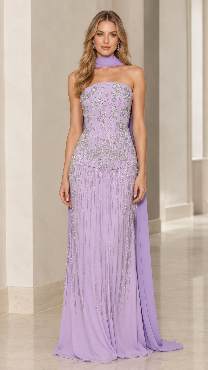 Front full-length view of model wearing lavender strapless beaded evening gown with neck scarf drape