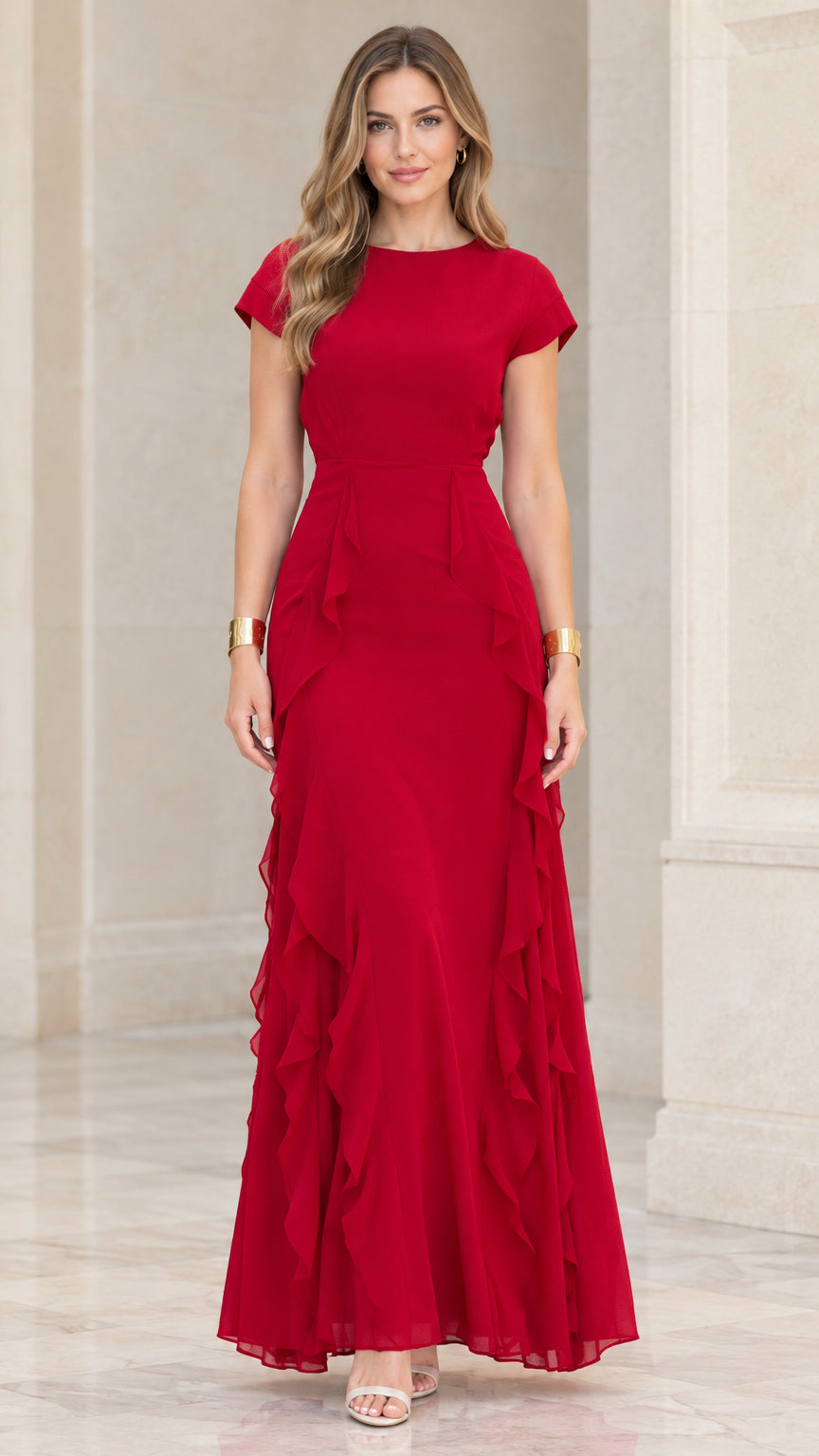 Full front view of model wearing a red cap sleeve cascade ruffle maxi gown