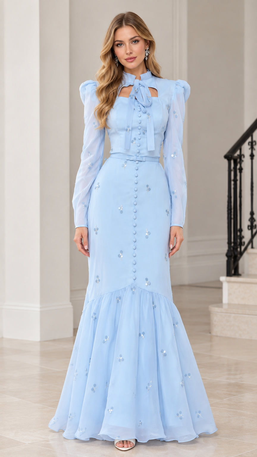 Front full view of light blue long sleeve floral sequin mermaid evening gown