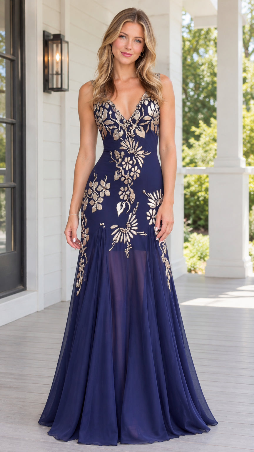 Navy blue floral embroidered V-neck mermaid evening gown front view