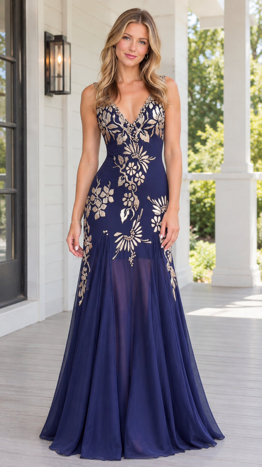 Navy blue floral embroidered V-neck mermaid evening gown front view