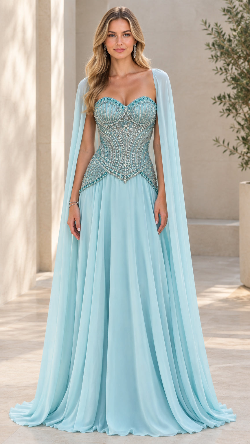 Front view of model wearing Sky Blue sweetheart corset cape evening gown
