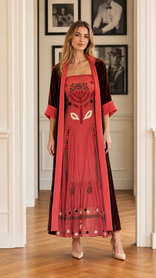 Coral red embroidered maxi dress with burgundy velvet duster coat front view