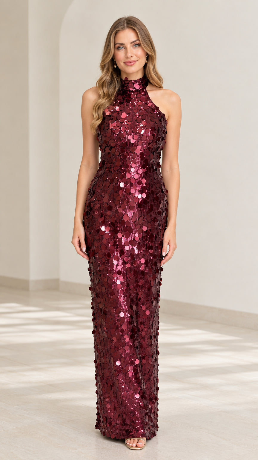 Front view of model wearing burgundy sequin high neck halter maxi gown