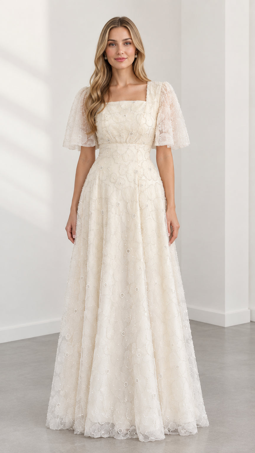 Front view of cream square neck beaded floral lace maxi dress with flutter sleeves
