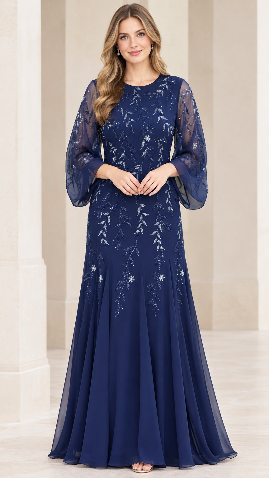 Front full-length view of navy blue sequined chiffon maxi gown with sheer bell sleeves