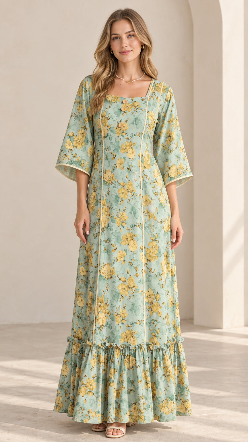 Front view of Sage Green floral square neck maxi dress with flared sleeves