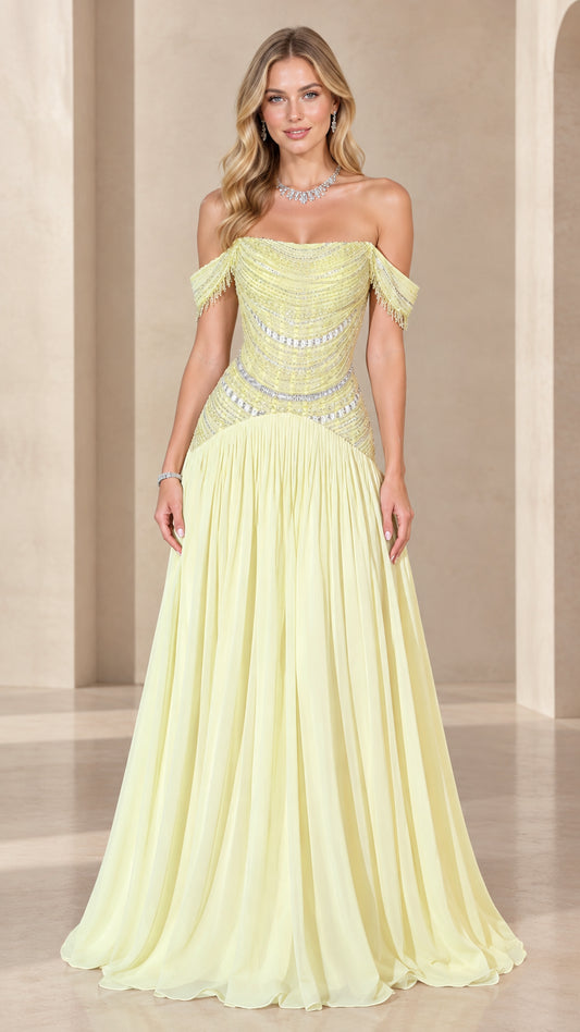 Full-length front view of pastel yellow off-the-shoulder beaded chiffon evening gown