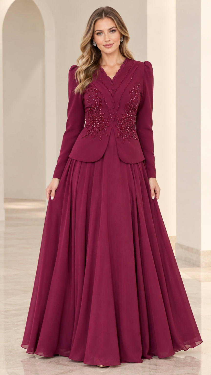 Burgundy long sleeve beaded V-neck formal evening gown front view