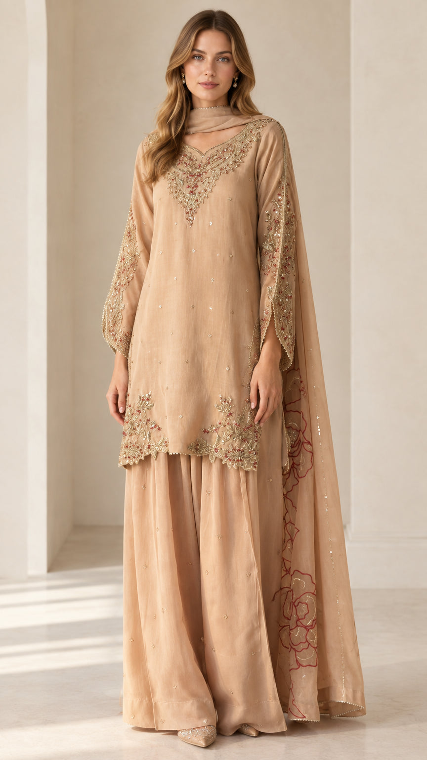 Full front view of champagne embroidered kurta and sharara pants set with dupatta