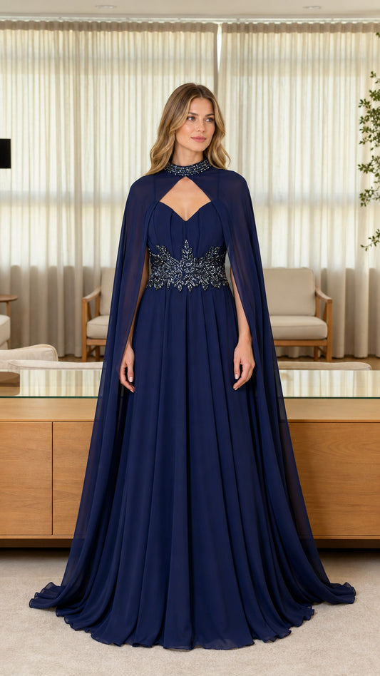 Front view of navy blue beaded evening dress with cape