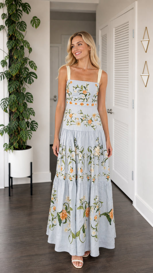 Front view of model wearing light blue floral embroidered tiered maxi dress