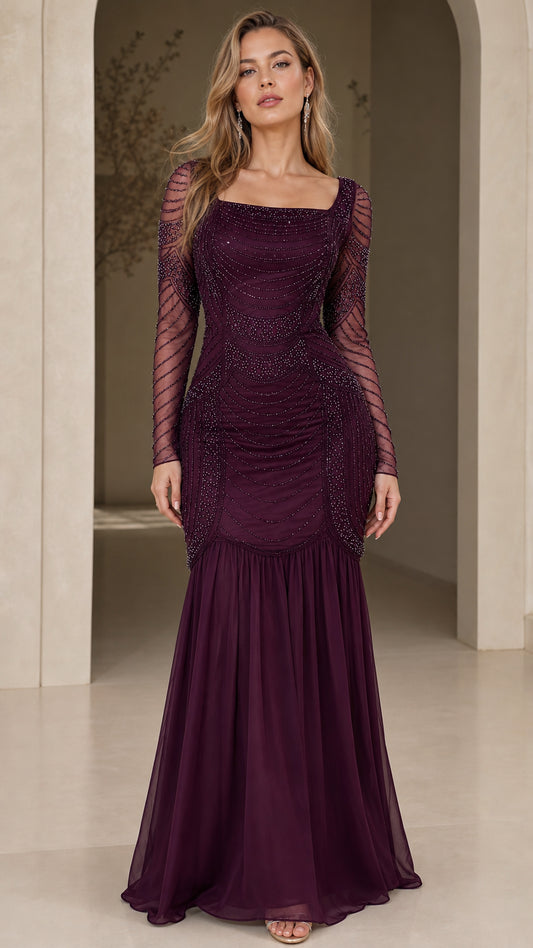 Full front view of burgundy long sleeve beaded evening dress