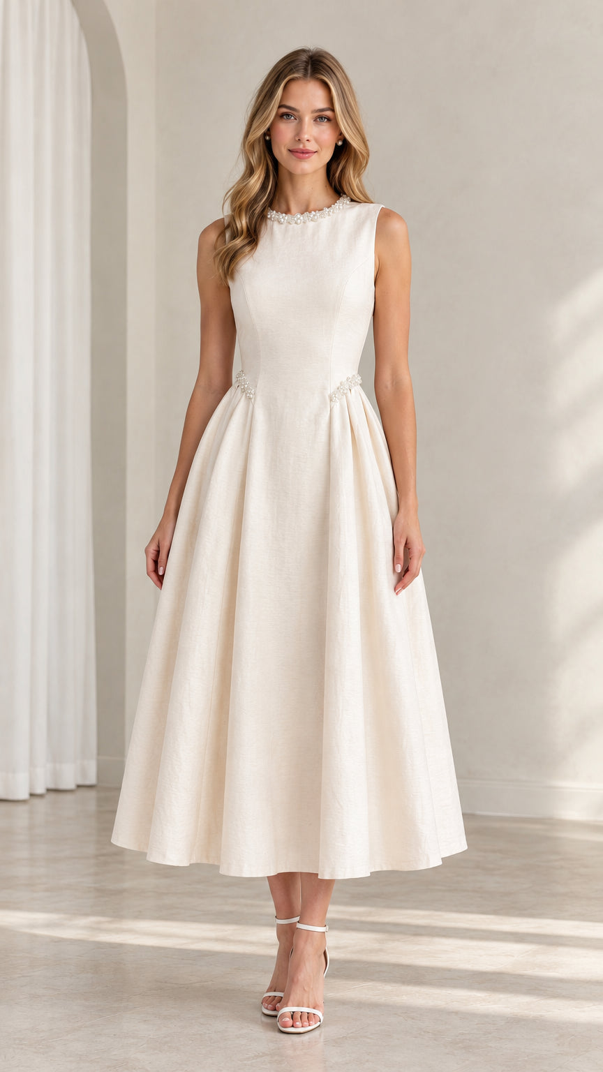 Front view of model wearing ivory sleeveless A-line midi dress with beaded neckline