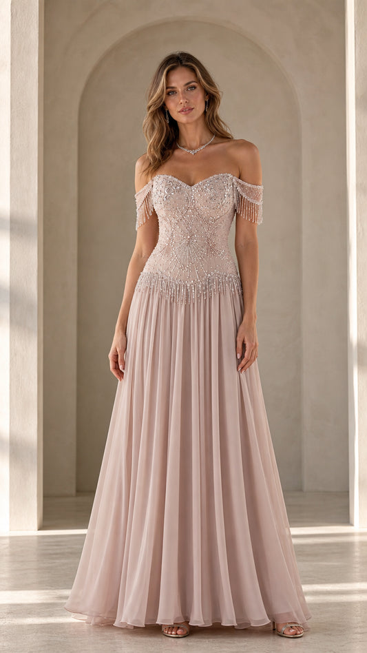 Front view of model wearing blush pink off-the-shoulder beaded chiffon evening gown